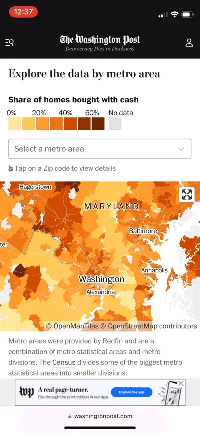 A demo of the map in the all cash story, showing the user entering an exiting fullscreen mode