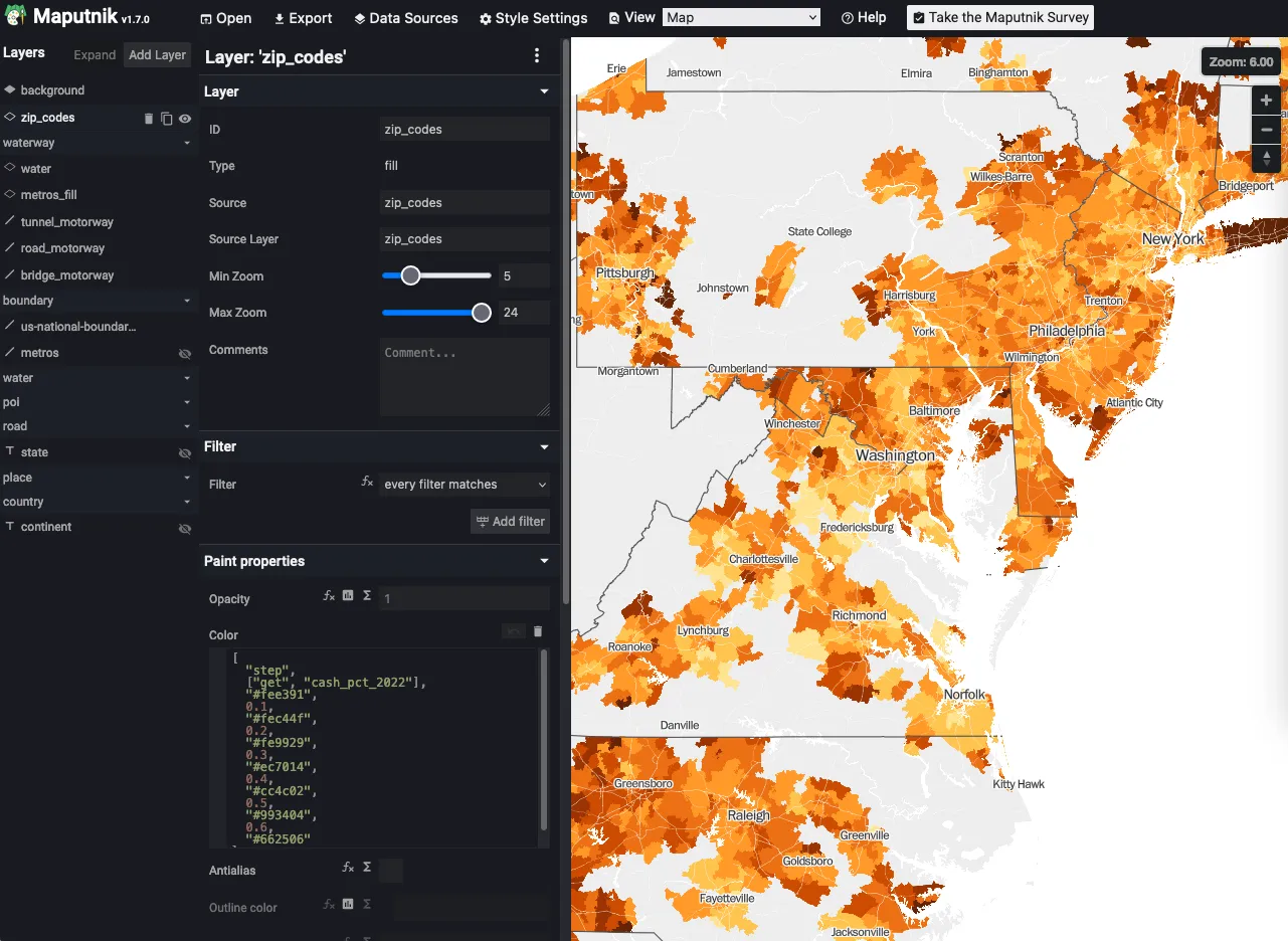 Screenshot of Maputnik editor, showing map layers and controls on the left, and a preview of the map on the right.