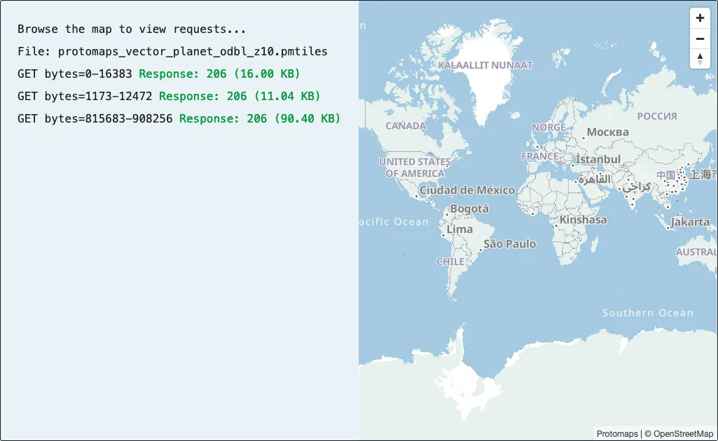 A screenshot of the PMTiles website, showing that three tiles were loaded using HTTP Range Requests